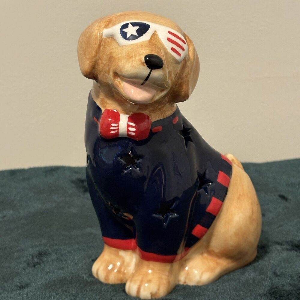 Patriotic American Golden Retriever Dog Solar Light Up Ceramic Flag